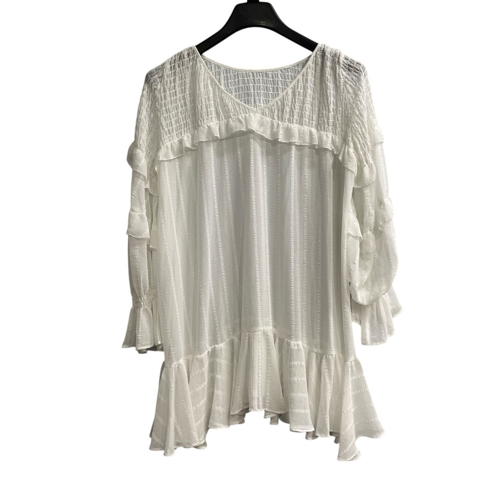 Snidel Top Women M White Gauzy Sheer Tiered Ruffle Tunic Smocked Coastal Beach